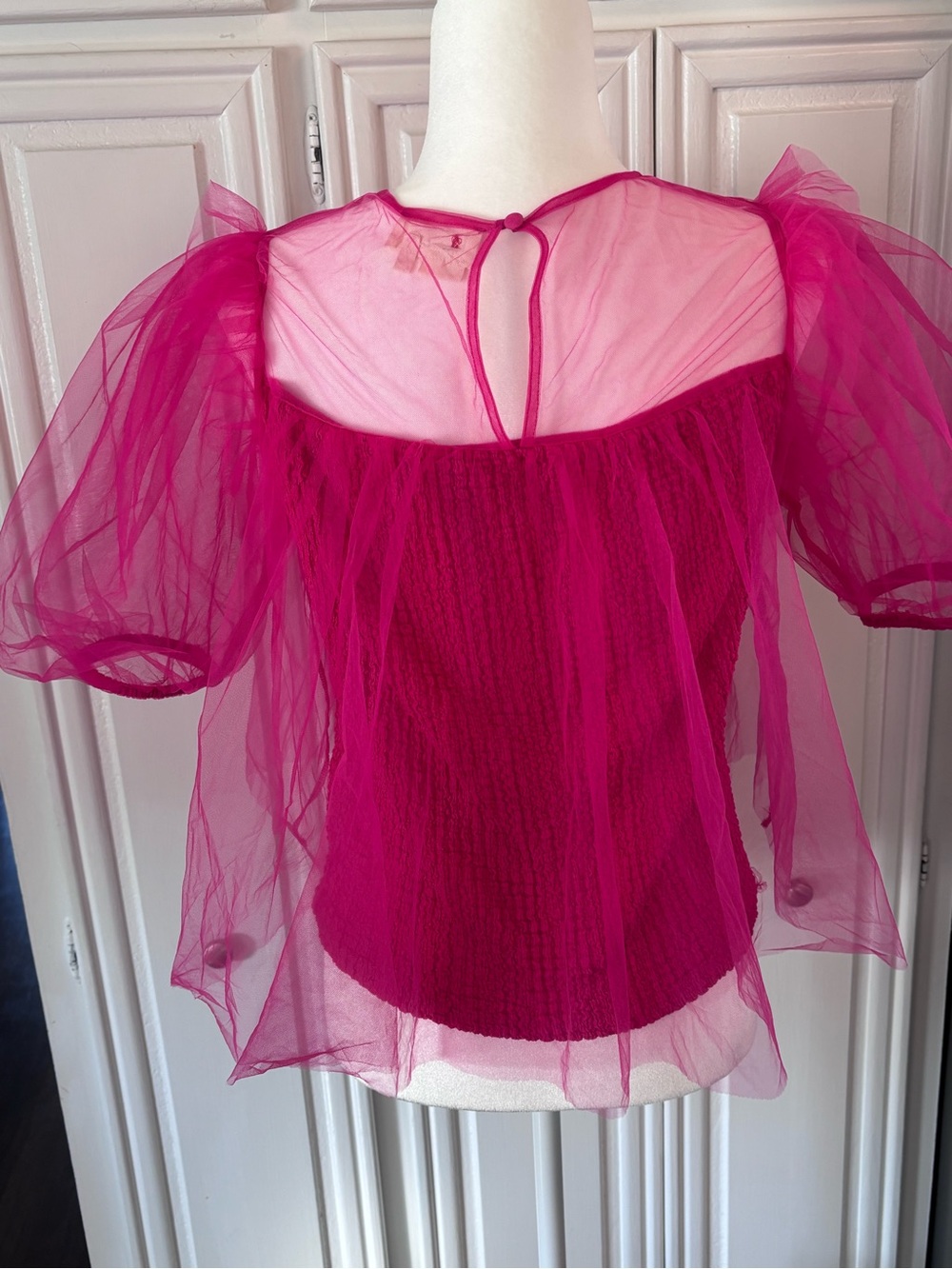 Anthropologie Pink Sheer Tulle Puff Sleeve Smocked Blouse Top Size Small - Picture 7 of 12